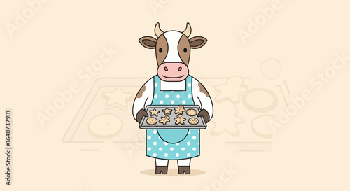 Cartoon cow wearing an apron holding a tray of freshly baked cookies cartoon image for children's book or bakery decoration