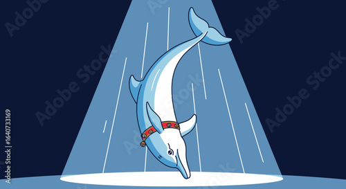 Cartoon dolphin performing a trick under spotlight in blue colors illustration