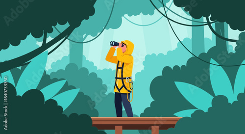 Cartoon Explorer Observes Tropical Environment With Binoculars on Elevated Platform