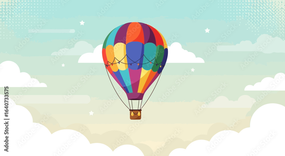 Obraz premium Cartoon Hot Air Balloon Flying Over Clouds in Sky With Stars