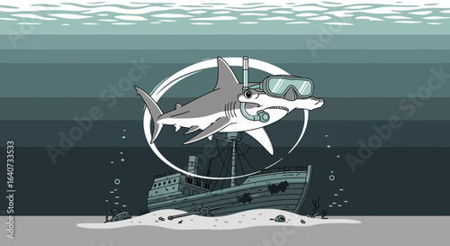 Cartoon Hammerhead Shark Snorkeling Near Sunken Ship On The Ocean Floor