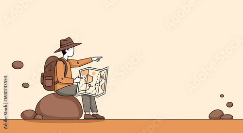 Cartoon Hiker Consulting a Map Exploring Destination with Backpack in Nature