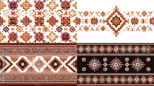 Traditional tribal textile patterns with intricate geometric motifs in earthy brown and orange tones, perfect for ethnic fabric, crafts, and decorative designs.