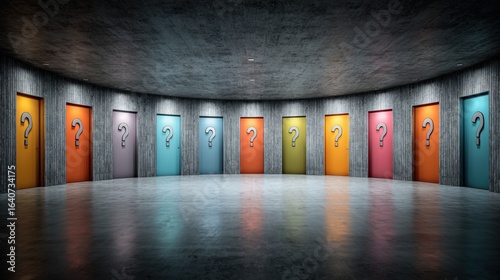 Conceptual choice, decision-making: Doors with question marks in a circle. Represents options, opportunities, uncertainty in business and life