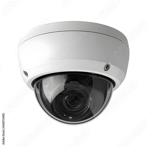Close up view of a dome security camera with a clear plastic cover on a dark background on transparent background