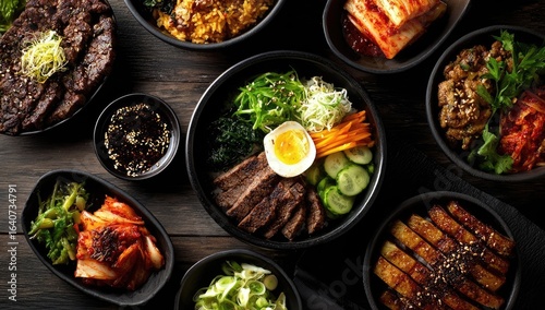 Assorted Korean dishes in dark bowls on a wooden table