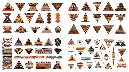 Bold tribal geometric patterns with triangular shapes in earthy tones, inspired by traditional indigenous and ethnic designs for decorative and textile use.