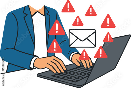 businessman working on laptop surrounded by mail warning signs, dangerous internet security threat vector illustration phishing and email spam concept, 