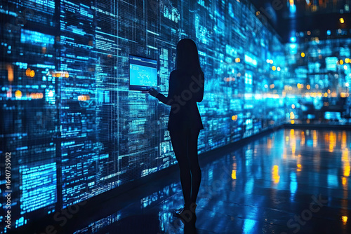 A person stands in front of a glowing digital wall, interacting with data on a screen, showcasing a futuristic technological environment.