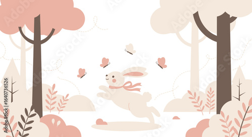 Charming whimsical illustration of a bunny amidst nature elements and flying butterflies, perfect for children's themed designs