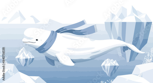Cartoon illustration of a beluga whale wearing a scarf in an arctic landscape