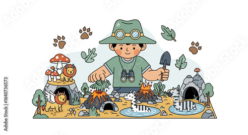 Cartoon illustration of a boy exploring a fantastical landscape with diverse animals and geological features
