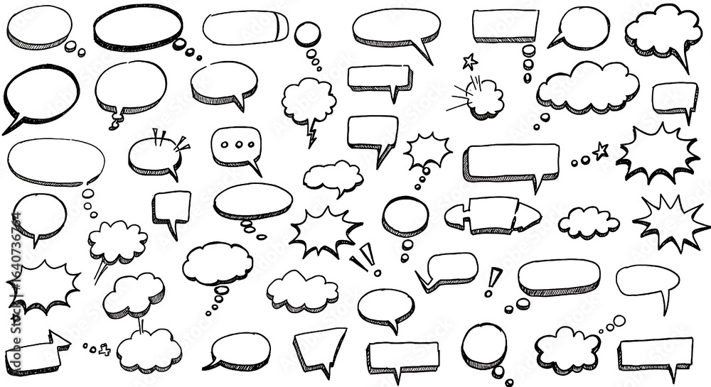 Naklejka premium A playful assortment of black and white speech bubbles, perfect for comic art and representing dialogue or thoughts