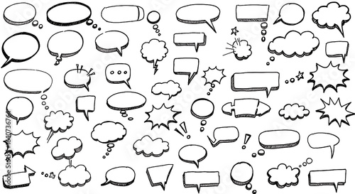 A playful assortment of black and white speech bubbles, perfect for comic art and representing dialogue or thoughts