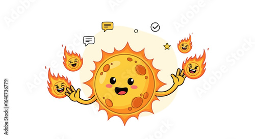 Cartoon illustration of a cheerful sun character juggling fiery planets and communication symbols, on a light background