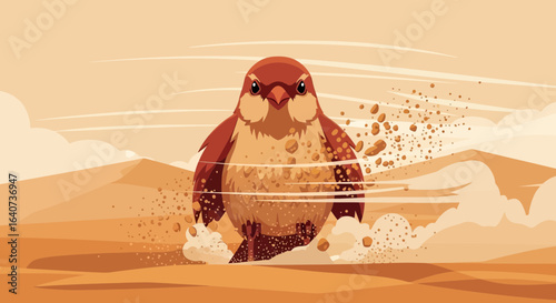 Cartoon illustration of a falcon running through a desert landscape at high speed with dust