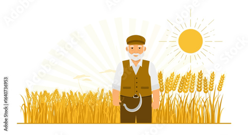 Cartoon illustration of a farmer in a wheat field under a bright sunshine flat design concept with agricultural background