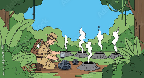 Cartoon illustration of a geologist examining geothermal vents in a lush jungle environment