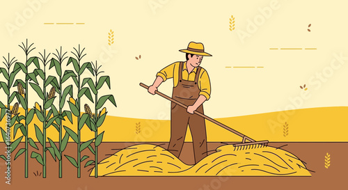 Cartoon illustration of a farmer working in a cornfield with a rake showcasing rural life