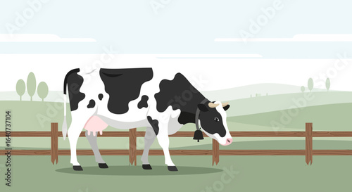 Cartoon illustration of a Holstein cow grazing on a farm with a rural landscape background