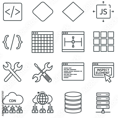 Collection of technology and programming icons with a transparent background code coding