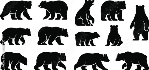 Bear silhouette vector set, wild animal clipart bundle, black bear icons, standing and walking bear poses, wildlife graphics for design, logo, print projects