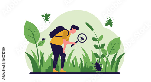 Cartoon illustration of a man examining insects in nature with a magnifying glass outdoor fieldwork and exploration of biodiversity