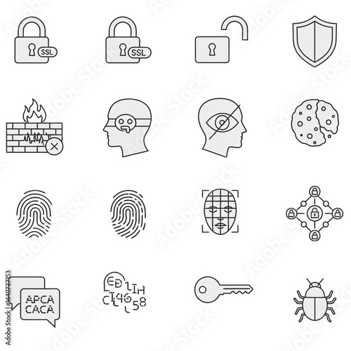 Cybersecurity icons including locks shield firewall fingerprint face scan key and bug unlock