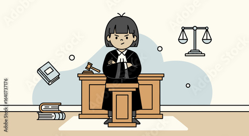 Cartoon illustration of a judge in court with gavel scale and books represents law