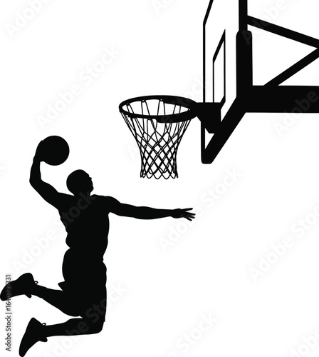 Basketball Player Silhouette Slam Dunking the Ball into the Hoop