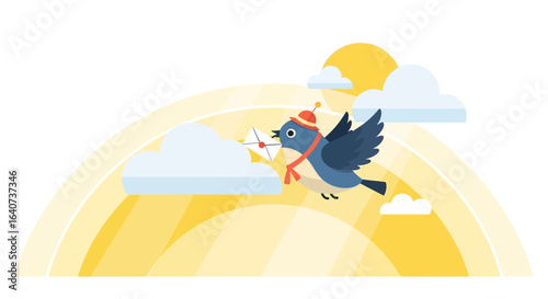 Cheerful Cartoon Bird Delivering a Love Letter Across a Sunny Sky Vector Graphic