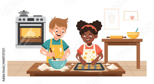 Cheerful Children Baking Together In Kitchen A Cartoon Illustration Scene