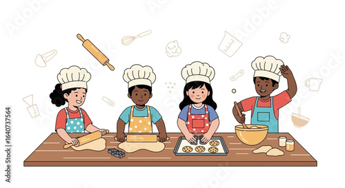 Cheerful Children Cooking Together Wearing Chef Hats Having Fun Preparing Cookies