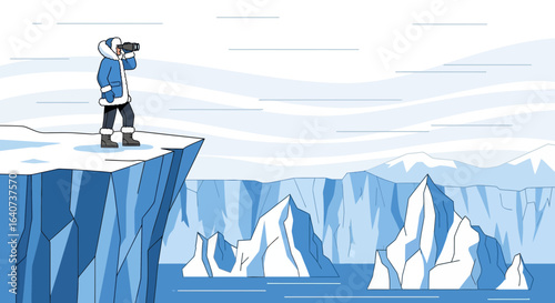 Cartoon Illustration of Explorer in Arctic Landscape with Icebergs and Binoculars