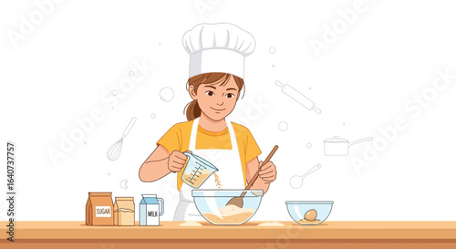 Cheerful Girl Chef Mixing Ingredients in a Bowl Preparing Delicious Recipe