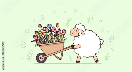 Cheerful Sheep Delivering Springtime Joy Fresh Flowers in a Wheelbarrow
