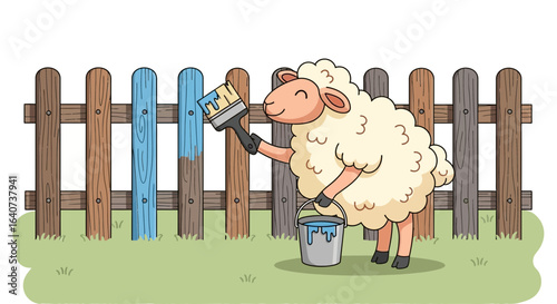 Cheerful Sheep Painting Fence With Blue Paint In Cartoon Illustration Style