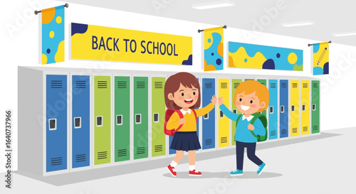 Cheerful students give high five in school hallway ready for back to school season