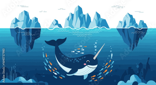 Cartoon Narwhal in Arctic Ocean with Icebergs and Fish Illustration marine life concept