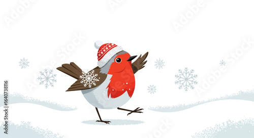 Cheerful Winter Robin Wearing Hat Walking In Snow Merry Christmas Concept