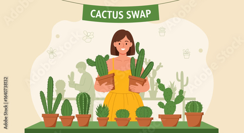 Cheerful Woman Exchanging Potted Cacti at a Community Swap Event