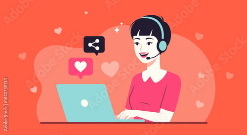 Cheerful Woman Customer Service Representative with Headset Sharing Communication