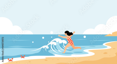 Cheerful woman in a polka dot swimsuit enjoying a day at the beach with playful waves and cute crabs creating a vibrant summery scene