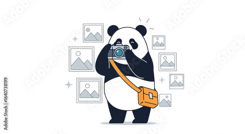 Cartoon Panda Snapping Pictures With Camera Wildlife Photography Adventure Scene