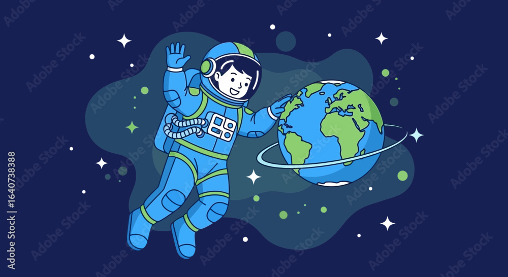 Naklejka premium Child Astronaut Touching Earth Planet Floating in Space Exploration Vector Illustration