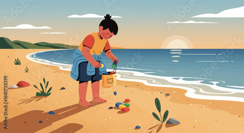 Child Collects Colorful Pebbles on The Beach During Sunset Summer Vacation