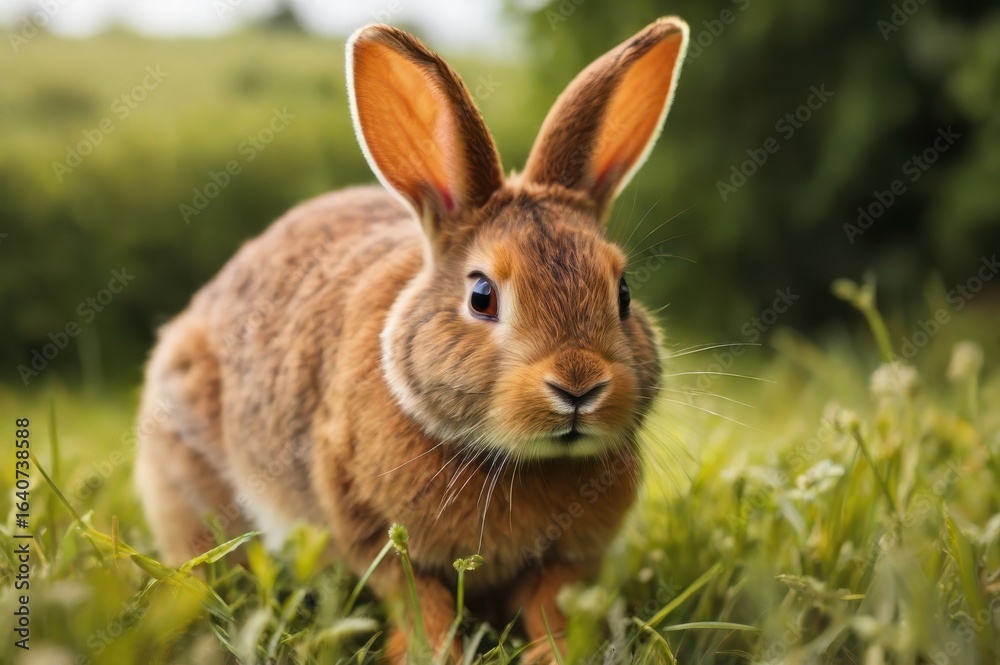 Fototapeta premium Alert brown rabbit with long ears in a grassy field, looking forward