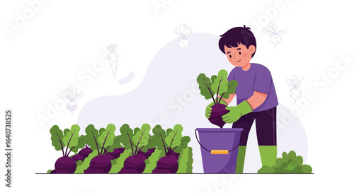 Child Harvests Organic Beets in a Lush Garden On A Bright Day