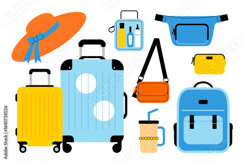 Summer vacation essentials stylish travel luggage hat and accessories for a perfect getaway vector illustration isolated on white