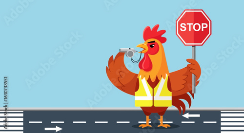 Cartoon Rooster Traffic Warden Directing Vehicles At Zebra Crossing Stop Sign